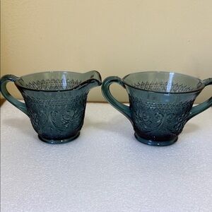 Elegant Tiara Sandwich Blue Glass Creamer and Sugar Set